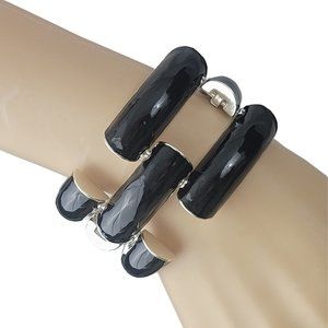 Chunky Wide Black Enamel Silver Tone Link Chain Bracelet